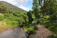 Rio Estena en la ruta de El Acebo y Las Fuentes, con la sierra de “Majalaburra” detrás, recuperada de su incendio en 2012.