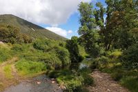 Río Estena aguas arriba del puente, camino de las Fuentes. Al fondo, la sierra de Majalaburra.