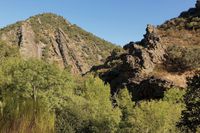 Estratos del Estena a nuestra izquierda. Cerro de la ermita a la derecha. A este lado, vegetación del Chorrillo fresca en agosto