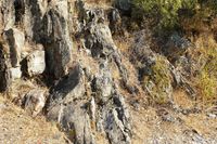 Discordancia Toledánica. Estratos a la derecha a 45º apoyados en anteriores verticales a la izquierda. Máximo interés geológico.